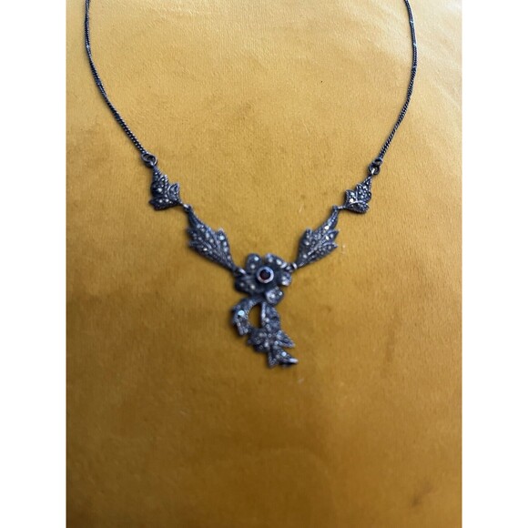 Sterling Silver Marcasite Garnet Flower Dangle Pendant Necklace 18.5” 9 Gram 925 - Picture 1 of 9